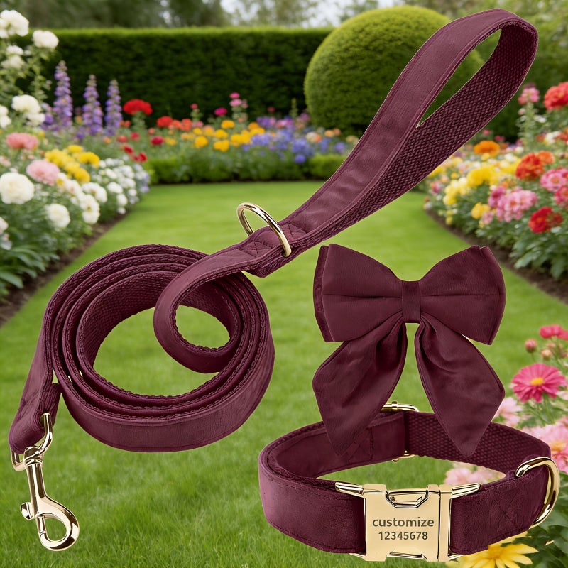 Personalized Velvet Dog Collar And Leash 3pcs Set Black Size L Adjustable Metal Buckle For Small Medium Large Dogs Custom Name Phone Number - Image 5