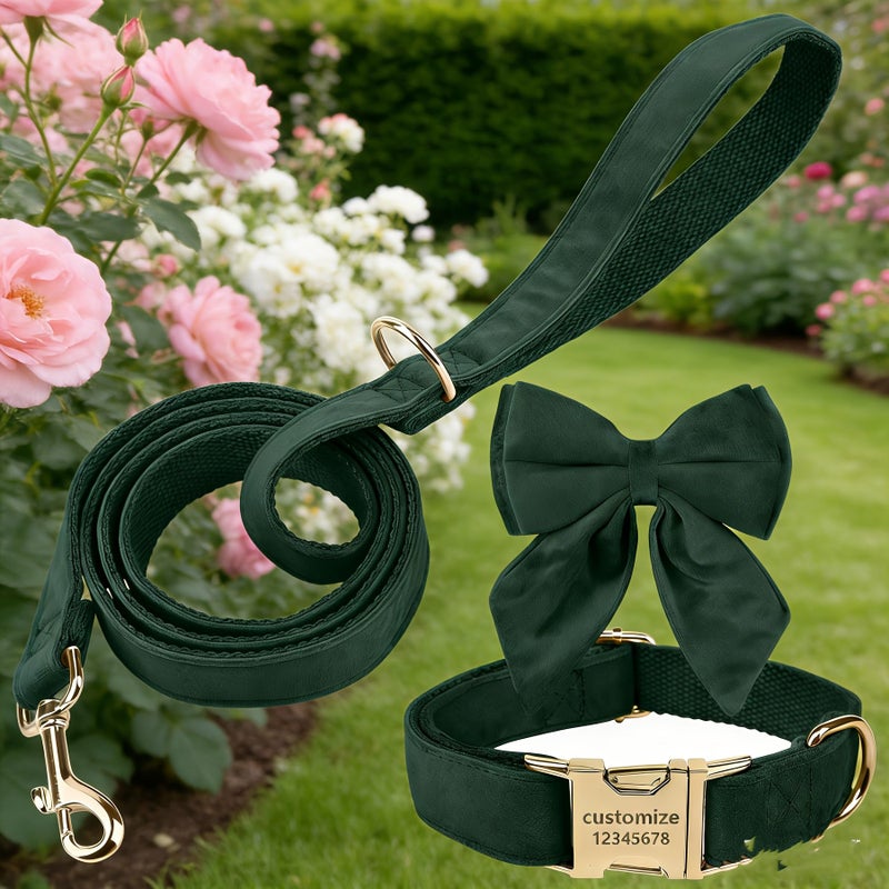 Personalized Velvet Dog Collar And Leash 3pcs Set Black Size L Adjustable Metal Buckle For Small Medium Large Dogs Custom Name Phone Number - Image 1