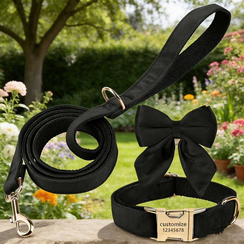 Personalized Velvet Dog Collar And Leash 3pcs Set Black Size L Adjustable Metal Buckle For Small Medium Large Dogs Custom Name Phone Number - Image 4