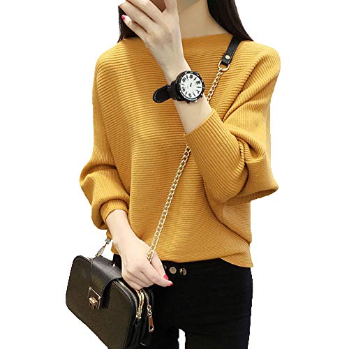 Ckikiou Womens Lightweight Oversized Boat Neck Sweaters Tops Dolman Batwing Sleeve Ribbed Knitted Pullovers Yellow - Image 3