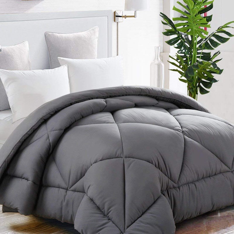 TEKAMON All Season Queen Comforter Winter Warm Soft Quilted Down Alternative Duvet Insert with Corner Tabs,Luxury Fluffy Reversible Hotel Collection,Charcoal Grey,88 x 88 inches