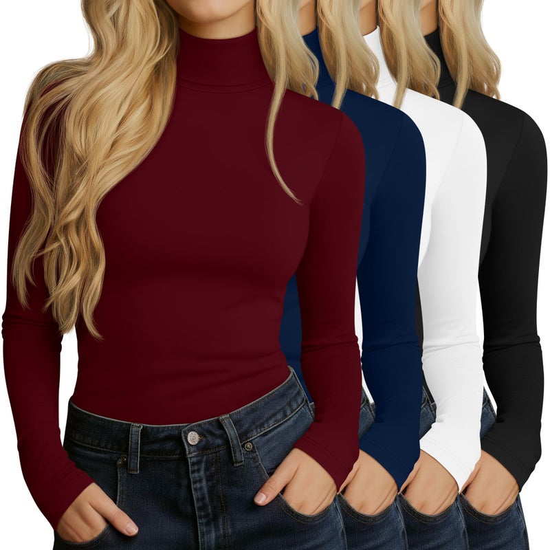 Huukeay 4 Packs Womens Turtleneck Tops Long Sleeve Shirts Mock Turtleneck Basic Tees Lightweight Slim Fit Casual UndershirtWine Red Navy Blue White BlackMedium - Image 2