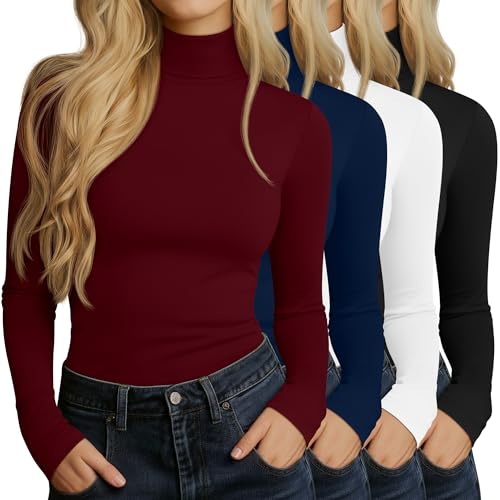 Huukeay 4 Packs Womens Turtleneck Tops Long Sleeve Shirts Mock Turtleneck Basic Tees Lightweight Slim Fit Casual UndershirtWine Red Navy Blue White BlackMedium - Image 1