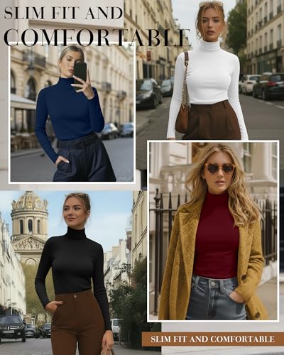 Huukeay 4 Packs Womens Turtleneck Tops Long Sleeve Shirts Mock Turtleneck Basic Tees Lightweight Slim Fit Casual UndershirtWine Red Navy Blue White BlackMedium - Image 3