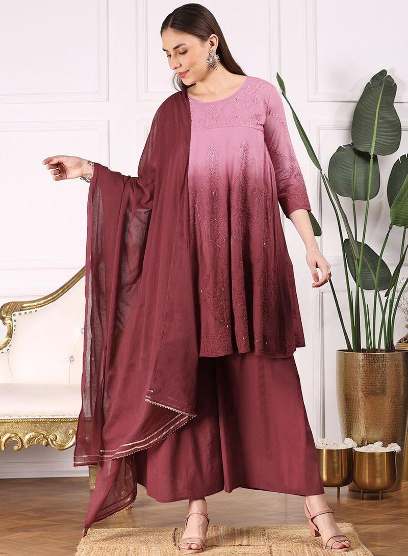 ISHIN Women MAROON 3 pcs (Kurta with Dupatta) - Image 1