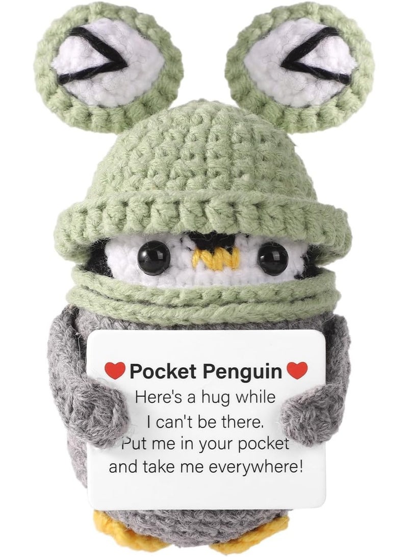 TERRIFI Positive Pocket Penguin Doll, Funny Emotional Support Knitted Penguin Toy with Positive Card, Wool Crochet Penguin in Frog Hat, Cheer Up Graduation Gift & Encouragement for Friends - Image 1