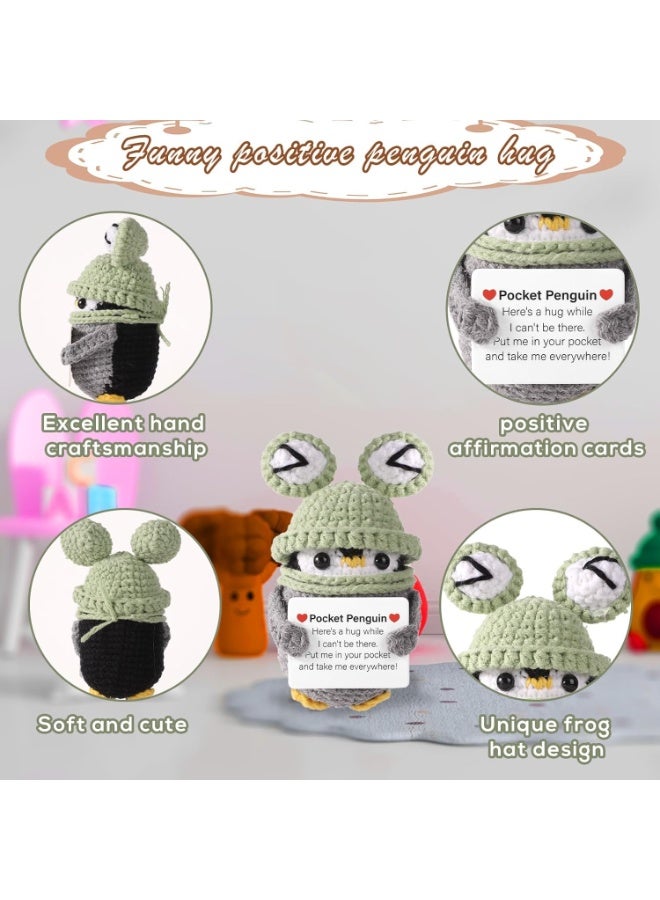 TERRIFI Positive Pocket Penguin Doll, Funny Emotional Support Knitted Penguin Toy with Positive Card, Wool Crochet Penguin in Frog Hat, Cheer Up Graduation Gift & Encouragement for Friends - Image 2