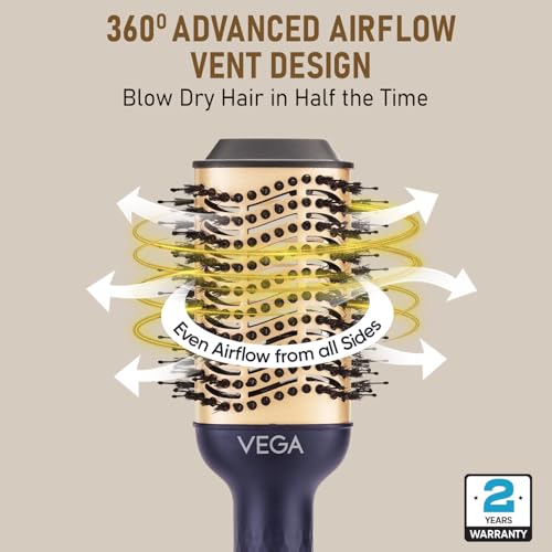 Vega Pro Volumizer Hair Blow Dryer Brush, 3 in 1 Hot Air Brush, 360° Airflow Vent, 2 in1 Quick Drying & Styling, 3 Heat/2 Speed Settings, Hair Dryer Brush, Blowout Volumizer Brush(1000-1200W, VHSD-02) - Image 3