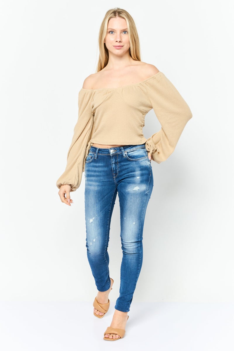 POOF بلوزة نسائية بأكتاف مكشوفة وأكمام طويلة بتصميم مضلع، بيج - Image 3