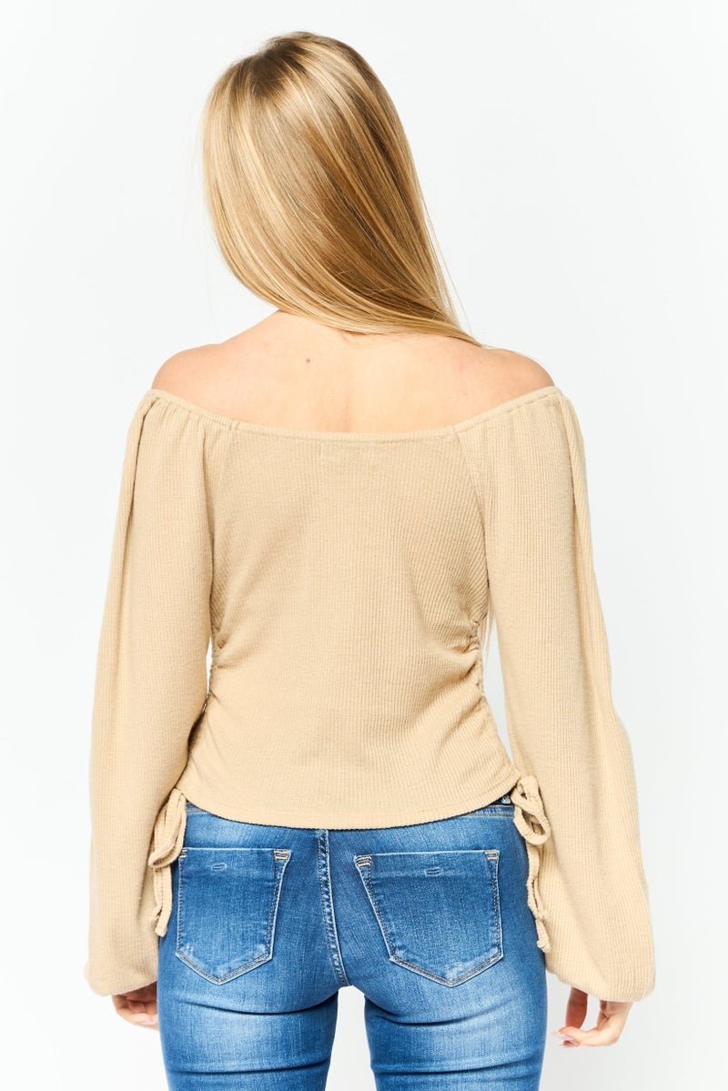 POOF Women Off Shoulder Long Sleeve Ribbed Blouse, Beige - Image 2
