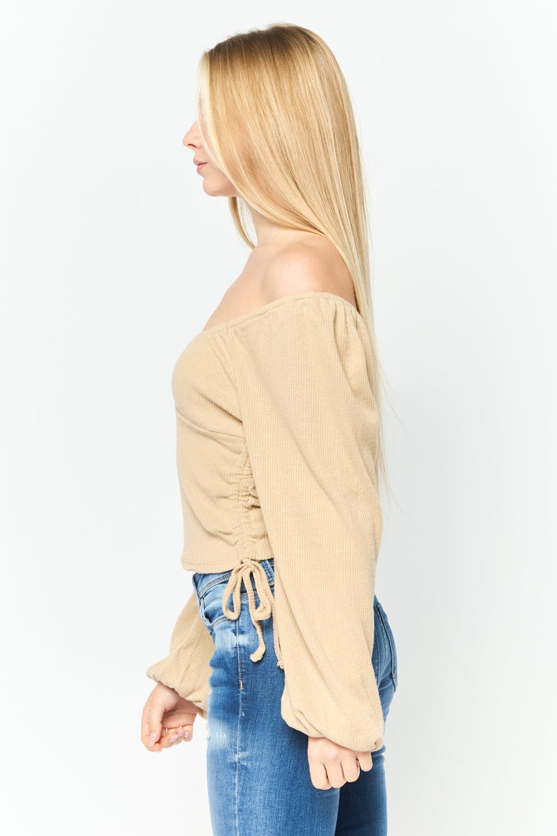 POOF Women Off Shoulder Long Sleeve Ribbed Blouse, Beige - Image 4