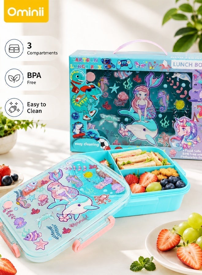 Ominii Kids Lunch Box – Cartoon Bento Box with 3 Compartments – Leakproof & Food Safe – Cute Mermaid Ocean Design – Comes with Gift Packaging – Back to School Lunch Container for Girls - Image 1
