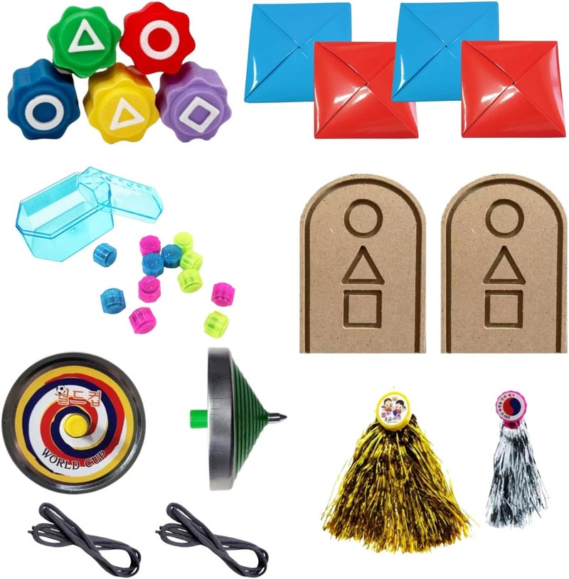 RaoNEE Korean Squid Traditional Play Game 5 Piece Set - Ddakji, Flying-Stone(Biseokchigi), Gong-gi, Spinning-Top(Paeng-y), Jegi - Image 1