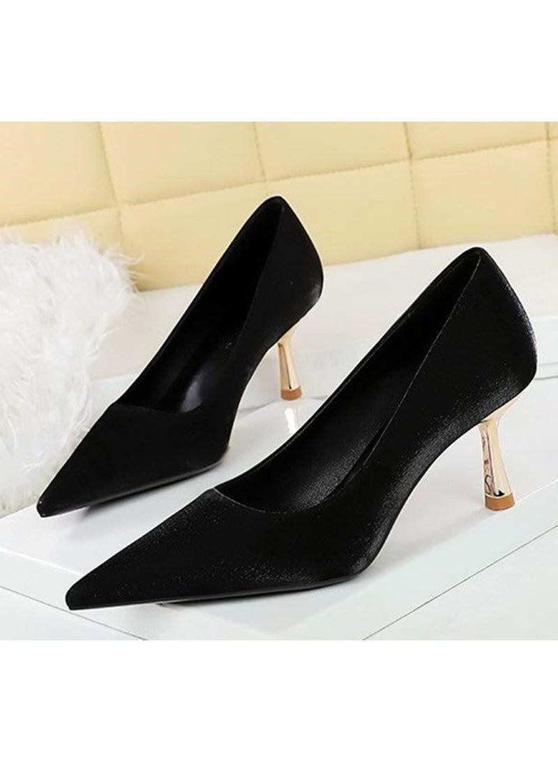 BIGTREE Women's Satin Stiletto Pumps Closed Pointed Toe High Heel Shoes Black 6.5CM - Image 1