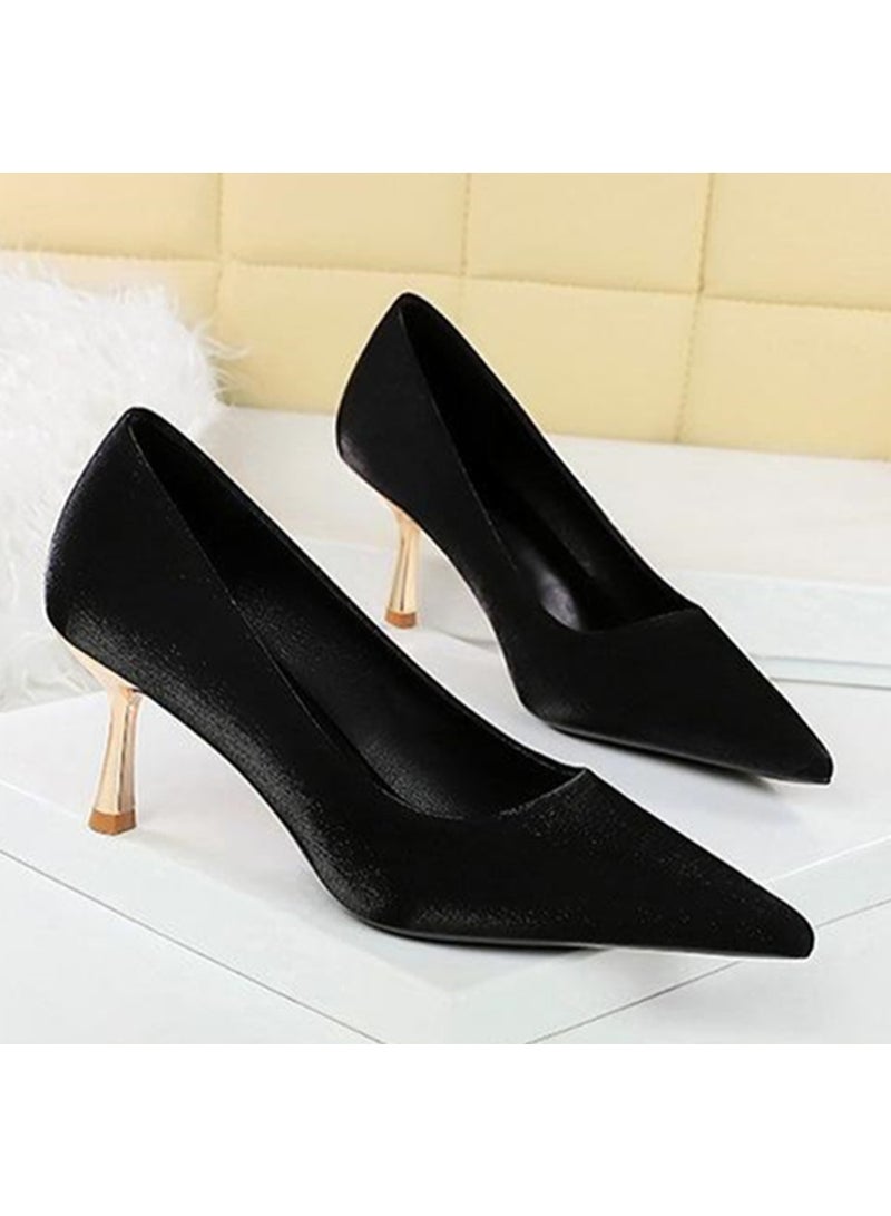 BIGTREE Women's Satin Stiletto Pumps Closed Pointed Toe High Heel Shoes Black 6.5CM - Image 2