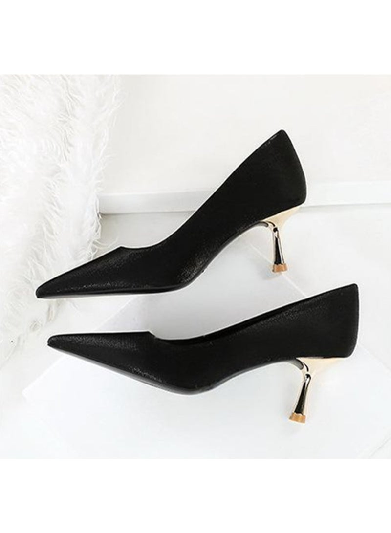 BIGTREE Women's Satin Stiletto Pumps Closed Pointed Toe High Heel Shoes Black 6.5CM - Image 3