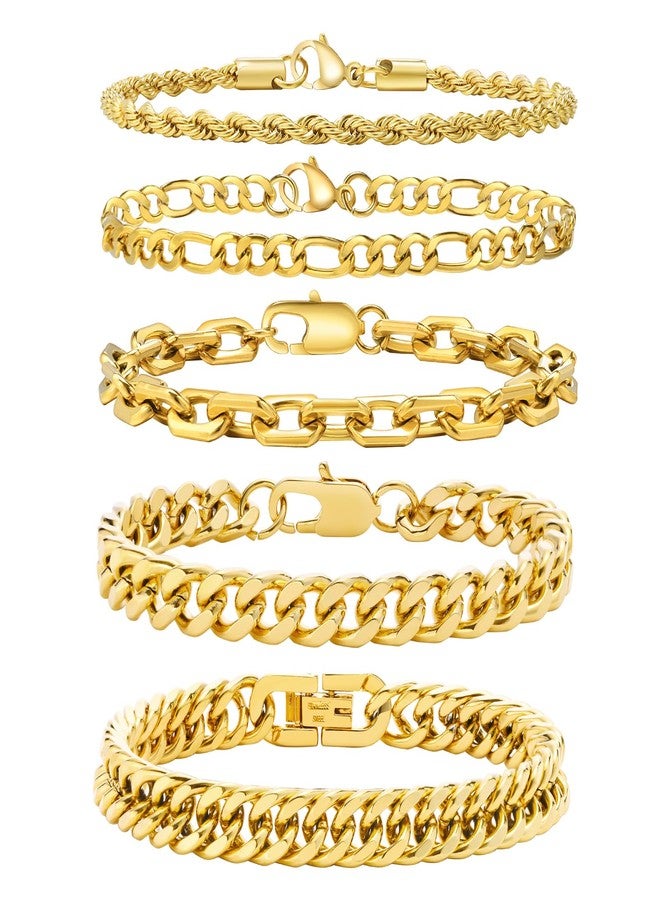 VNOX Gold Chain Bracelet for Men - 5 Pcs Solid Stainless Steel Rope/Figaro/Paperclip/Cuban Link Curb Chunky Chain Bracelet Set Wrist Band for Men Women Boys,Size 7.4 Inches,Mens Jewelry Gifts - Image 1
