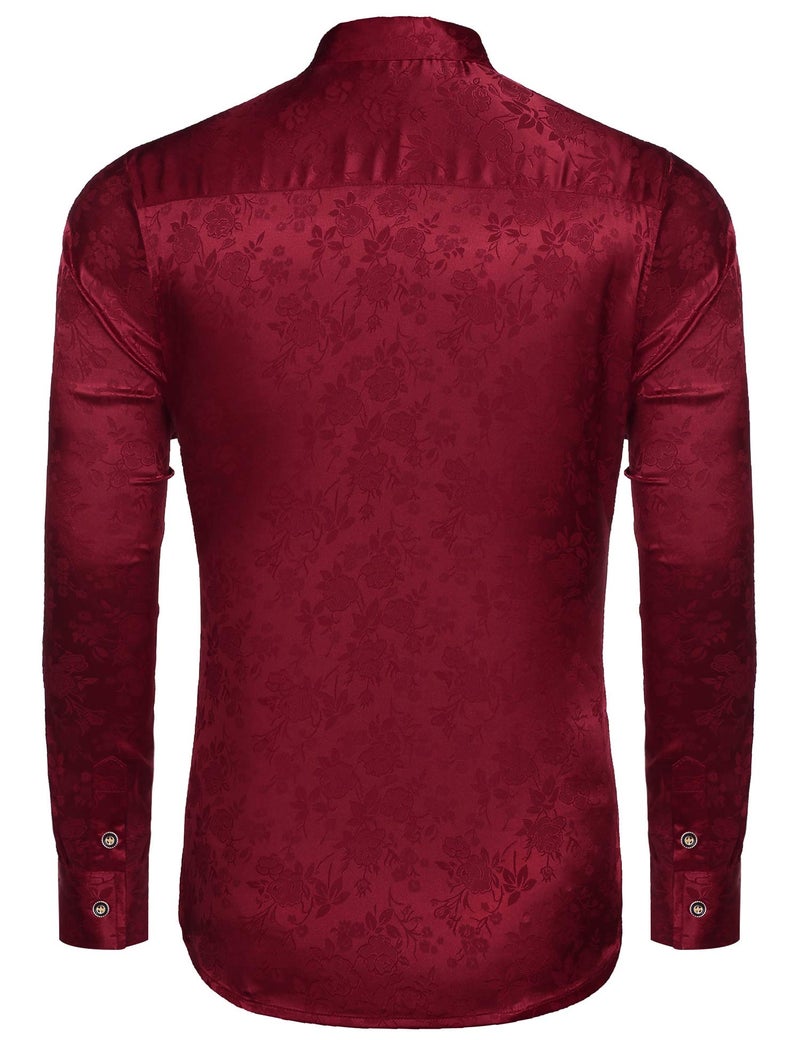 COOFANDY Mens Floral Rose Printed Long Sleeve Dress Shirts Prom Wedding Party Button Down Shirts (XXX-Large, Burgundy) - Image 4