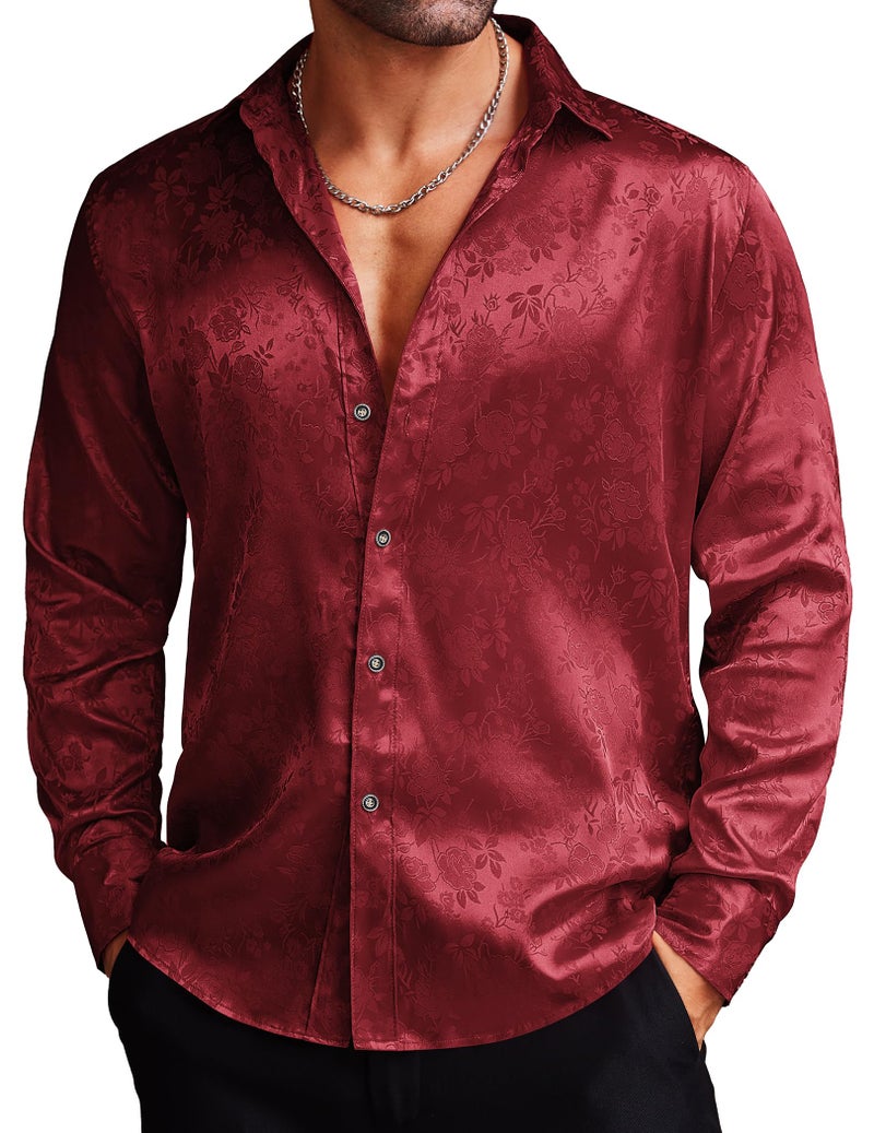COOFANDY Mens Floral Rose Printed Long Sleeve Dress Shirts Prom Wedding Party Button Down Shirts (XXX-Large, Burgundy) - Image 1