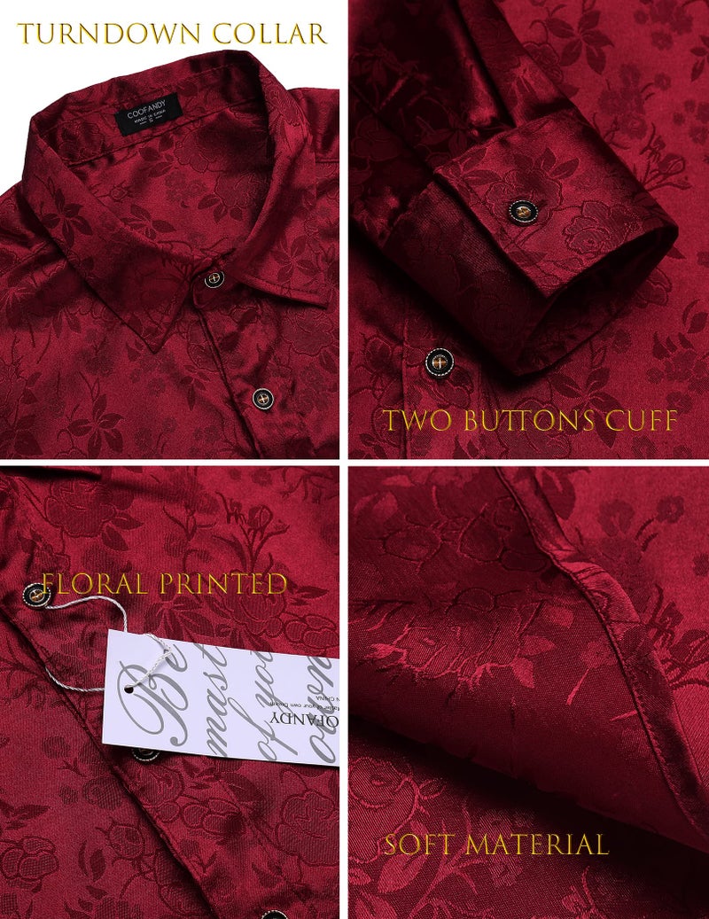 COOFANDY Mens Floral Rose Printed Long Sleeve Dress Shirts Prom Wedding Party Button Down Shirts (XXX-Large, Burgundy) - Image 5