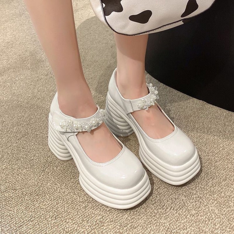 Thick-Soled White Mary Jane Shoes French Leather Shoes Thick Heel Shallow Rhinestone Buckle Patent Leather High Heel Cool Shoes - Image 1