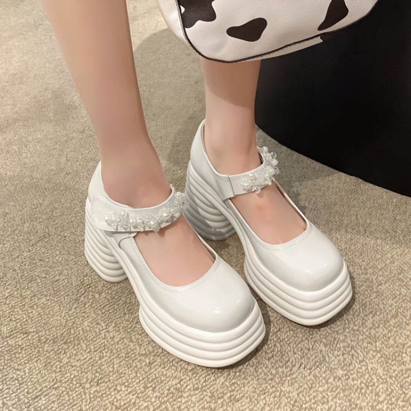 Thick-Soled White Mary Jane Shoes French Leather Shoes Thick Heel Shallow Rhinestone Buckle Patent Leather High Heel Cool Shoes - Image 2