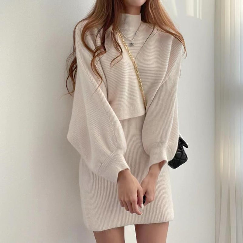 Export Export in stock Sweater Vest Dress High Collar Shawl Sweater Dress suit Two-Piece Set for Women Apricot