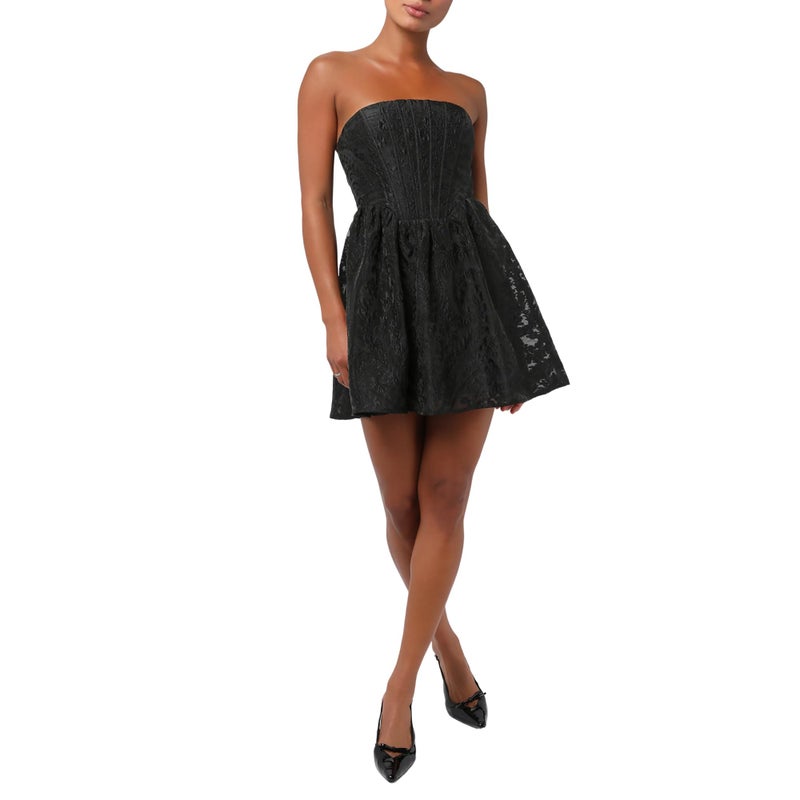 Lulus Ayla Jacquard Mini Dress Womenâ€™s Strapless Bustier Cocktail Dress with A-Line Skirt and Lace-Up Back, Size, Color Black - Image 1