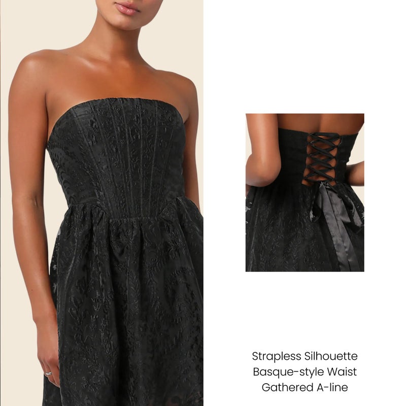 Lulus Ayla Jacquard Mini Dress Womenâ€™s Strapless Bustier Cocktail Dress with A-Line Skirt and Lace-Up Back, Size, Color Black - Image 2