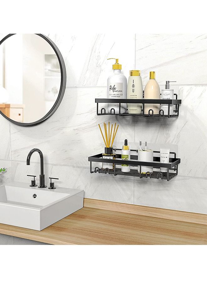 2 Pack Adhesive Bathroom Shower Caddy Organizer Rack with 2pcs Soap Dish Holder wall mounted Stainless Steel Floating Storage Basket Shelves with Hooks For Kitchen and Bathroom Black