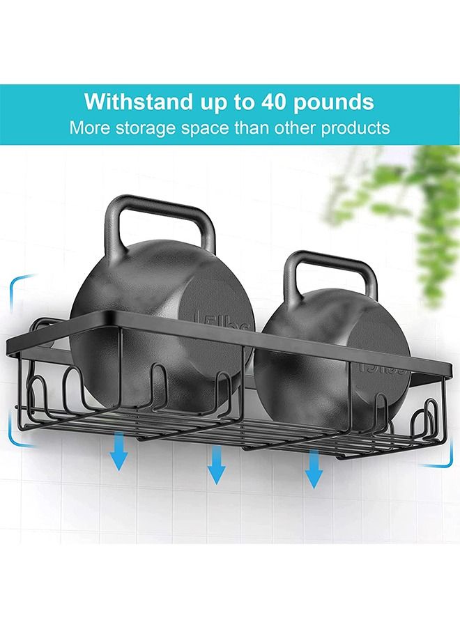 2 Pack Adhesive Bathroom Shower Caddy Organizer Rack with 2pcs Soap Dish Holder wall mounted Stainless Steel Floating Storage Basket Shelves with Hooks For Kitchen and Bathroom Black