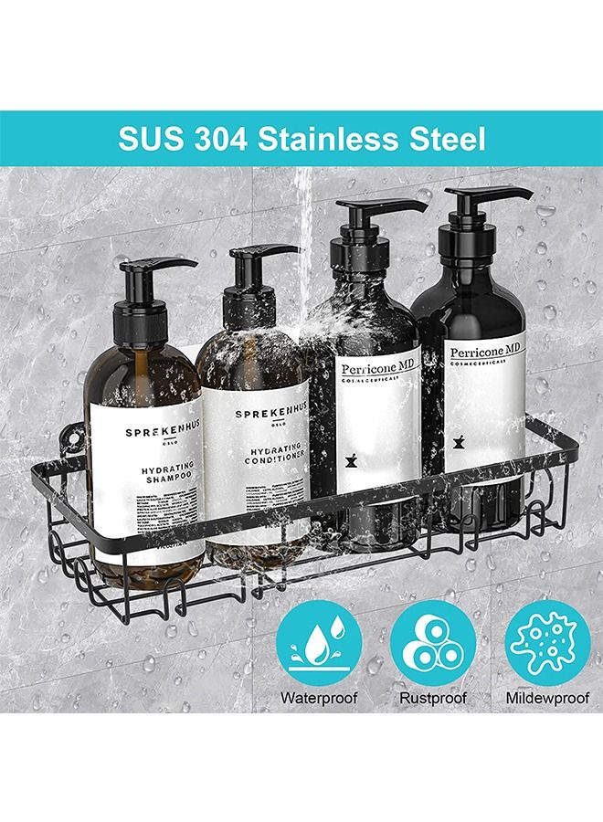 2 Pack Adhesive Bathroom Shower Caddy Organizer Rack with 2pcs Soap Dish Holder wall mounted Stainless Steel Floating Storage Basket Shelves with Hooks For Kitchen and Bathroom Black