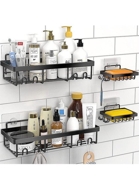2 Pack Adhesive Bathroom Shower Caddy Organizer Rack with 2pcs Soap Dish Holder wall mounted Stainless Steel Floating Storage Basket Shelves with Hooks For Kitchen and Bathroom Black