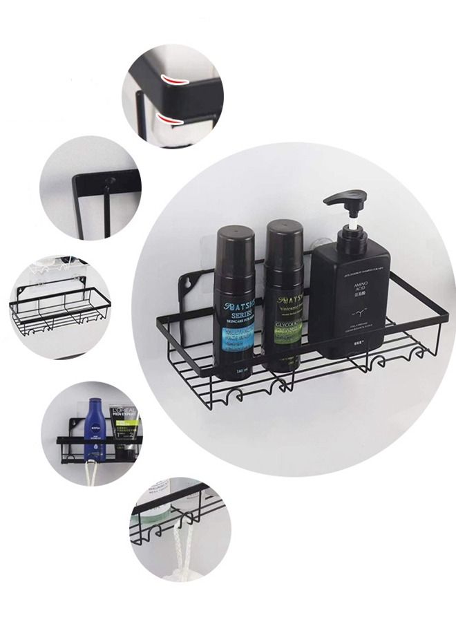 2 Pack Adhesive Bathroom Shower Caddy Organizer Rack with 2pcs Soap Dish Holder wall mounted Stainless Steel Floating Storage Basket Shelves with Hooks For Kitchen and Bathroom Black