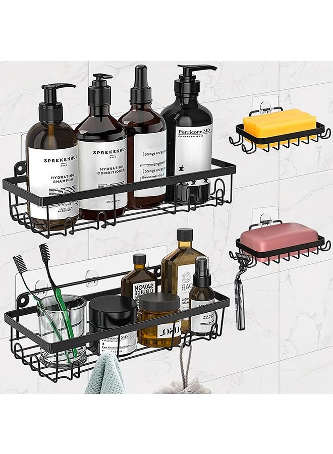 2 Pack Adhesive Bathroom Shower Caddy Organizer Rack with 2pcs Soap Dish Holder wall mounted Stainless Steel Floating Storage Basket Shelves with Hooks For Kitchen and Bathroom Black