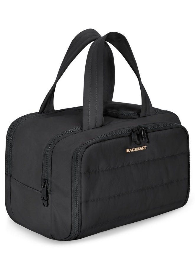 BAGSMART Travel Toiletry Bag, Lightweight Large Wide-Open Travel Bag For Women, Puffy Cosmetic Makeup Bag Organizer With Handle For Accessories,Essentials, Toiletries, Black  - Image 1
