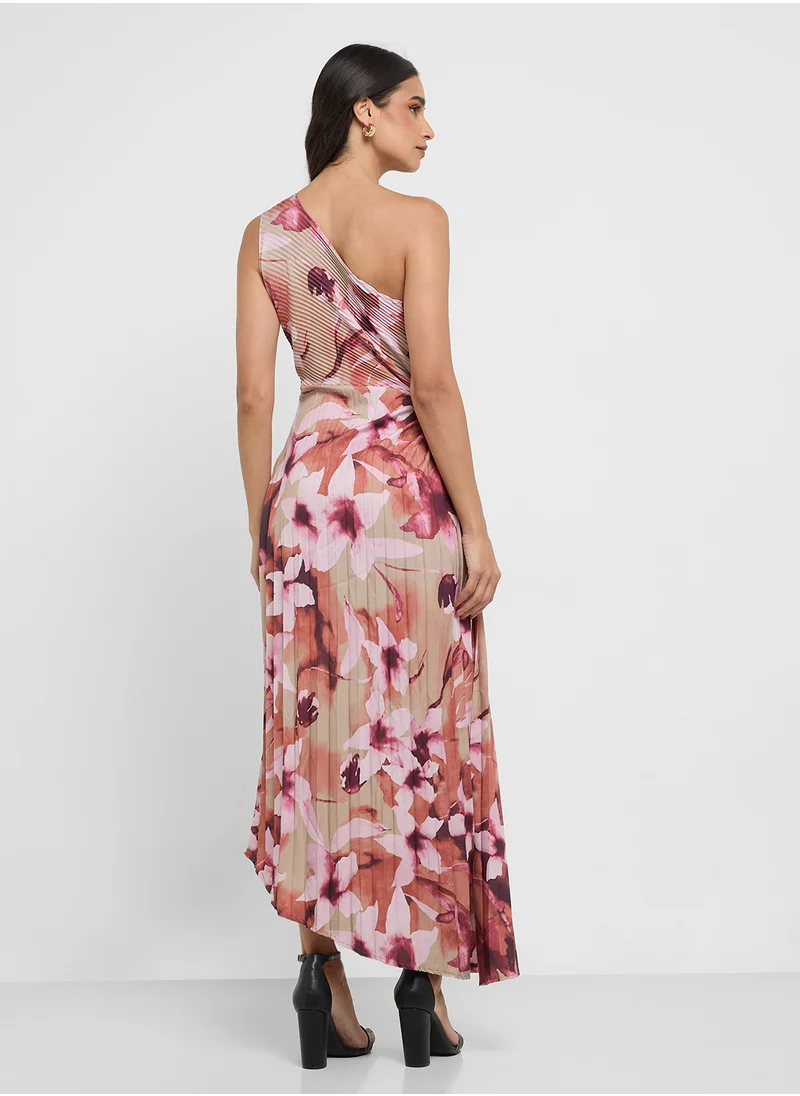 ELLA One Shoulder Floral Print Dress With Pleats