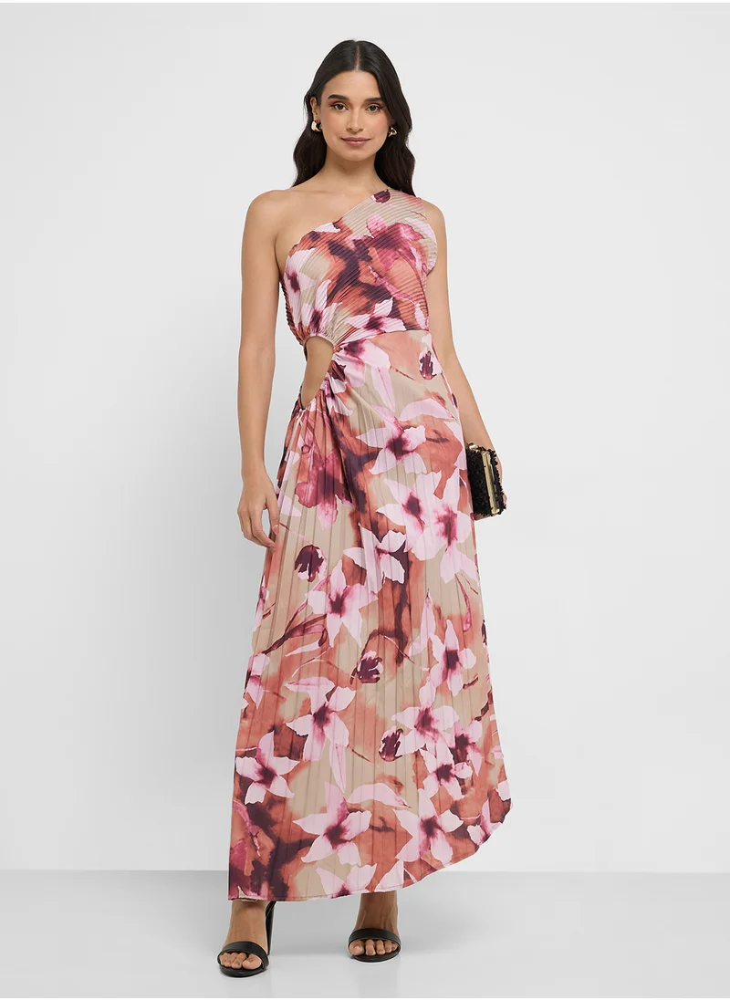 ELLA One Shoulder Floral Print Dress With Pleats