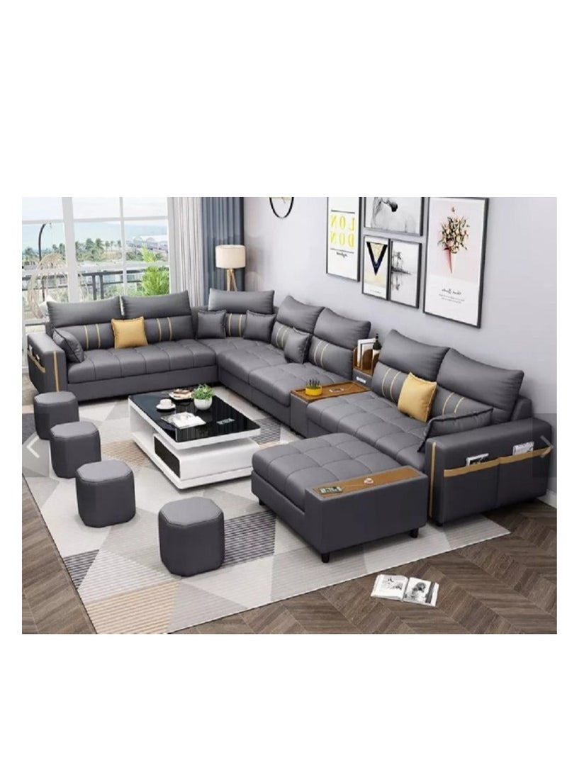 Ripple FURNITURE Modern Couch U Shaped Faux Leather Living Room Furniture Chaise Lounge Recliner Sectional L Shape Corner Sofa Set 7 Seater Grey 389X231X86  - Image 1