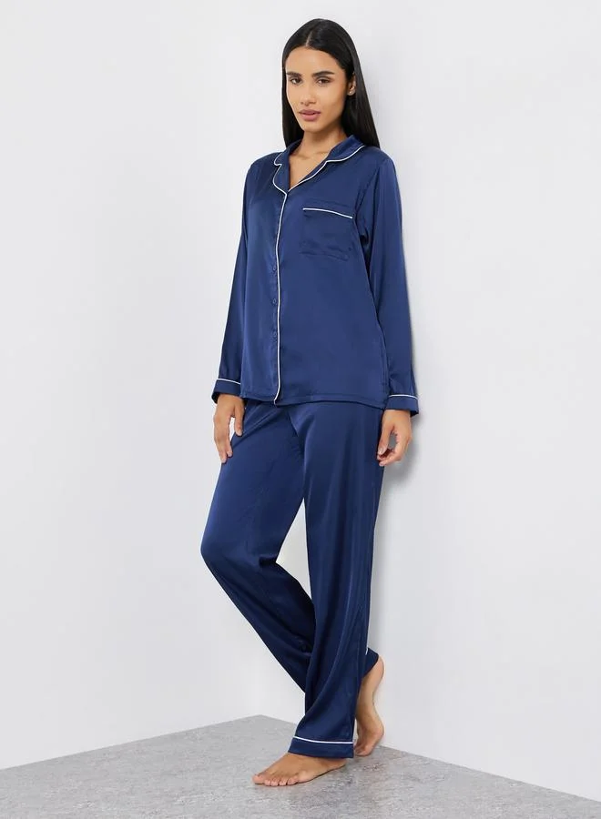 ستايلي طقم بيجاما من قميص ساتان بجيوب وبنطال
