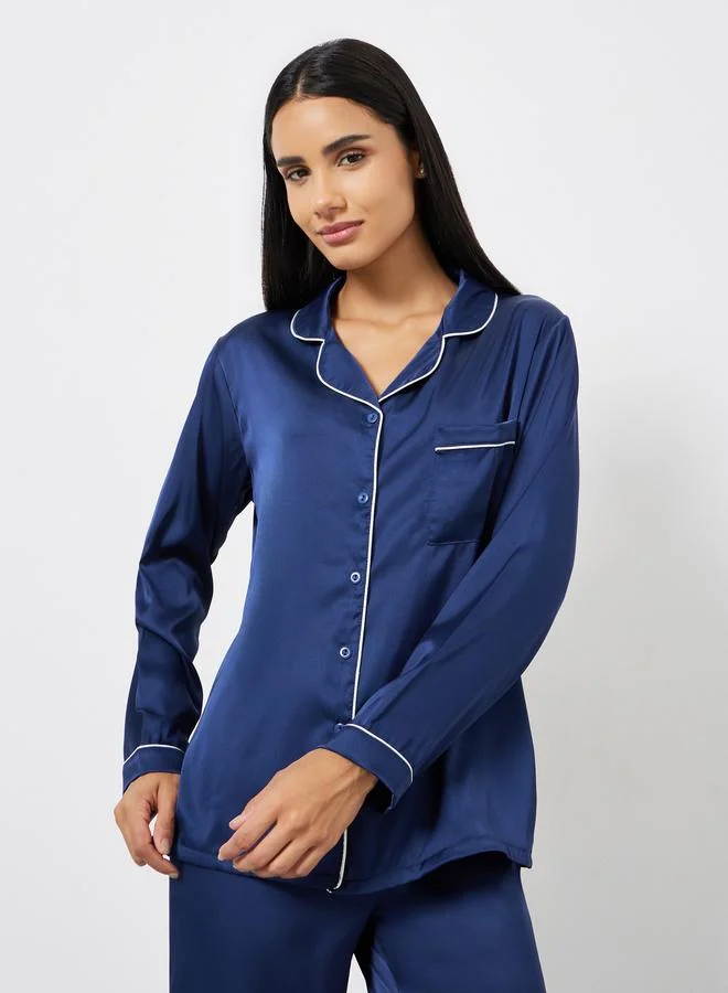 ستايلي طقم بيجاما من قميص ساتان بجيوب وبنطال