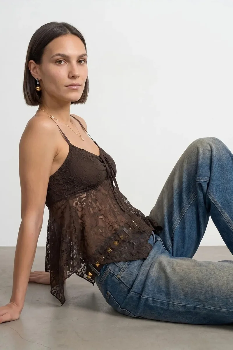Dilvin Black DILVIN Lace Tie-front Sleeveless Blouse for Women | Best Price UAE