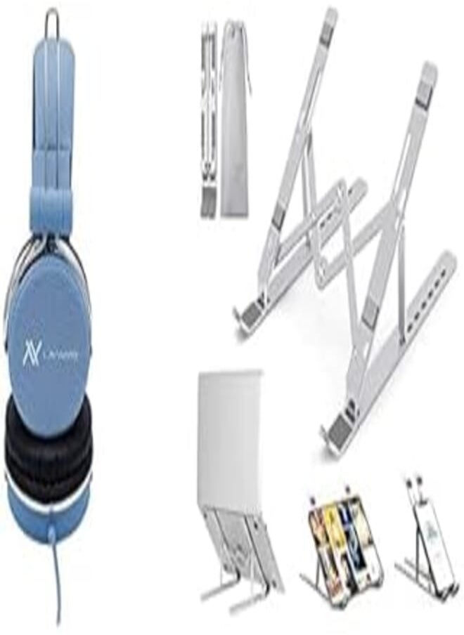 L'avvento Laptop Essentials Bundle (L'avvento (HP06L) Headphone Stereo Golden Plug With 40mm Speaker Driver - 1.5M - Blue+Laptop Stand, Aluminum Adjustable Laptop Stand for Desk, 7 Levels Computer Stand Holder) 