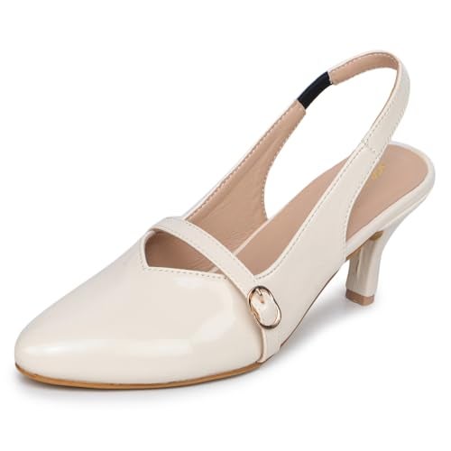 TRASE Stylish Kitten Heels for Women | Closed Toe Sandals with Elastic Strap | Comfortable Party & Office Wear (Cream, 6 UK) - Image 1