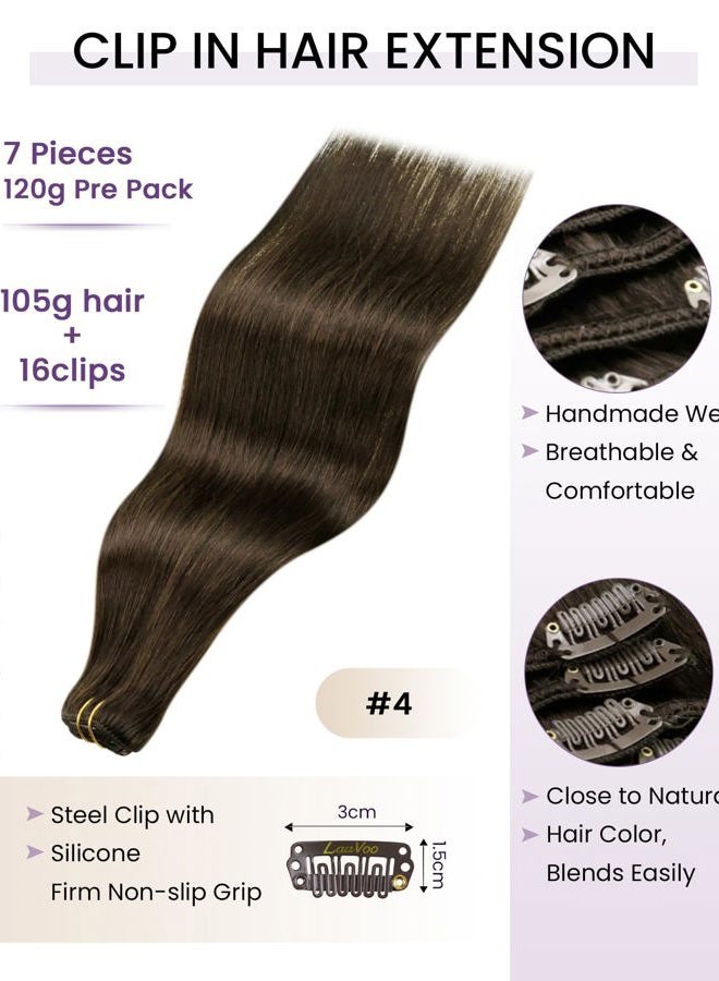 LaaVoo Brown Clip in Hair Extensions Real Human Hair Brown Real Hair Extensions Clip in Human Hair Brown Clip in Extensions Human Hair Natural Straight Full Head Hair Extensions 20 Inch 7Pcs 120G - Image 2