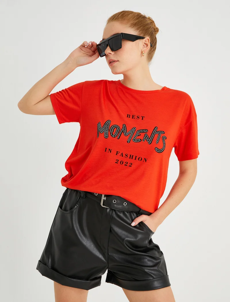 كوتون Slogan Printed T-Shirt Short Sleeve Crew Neck