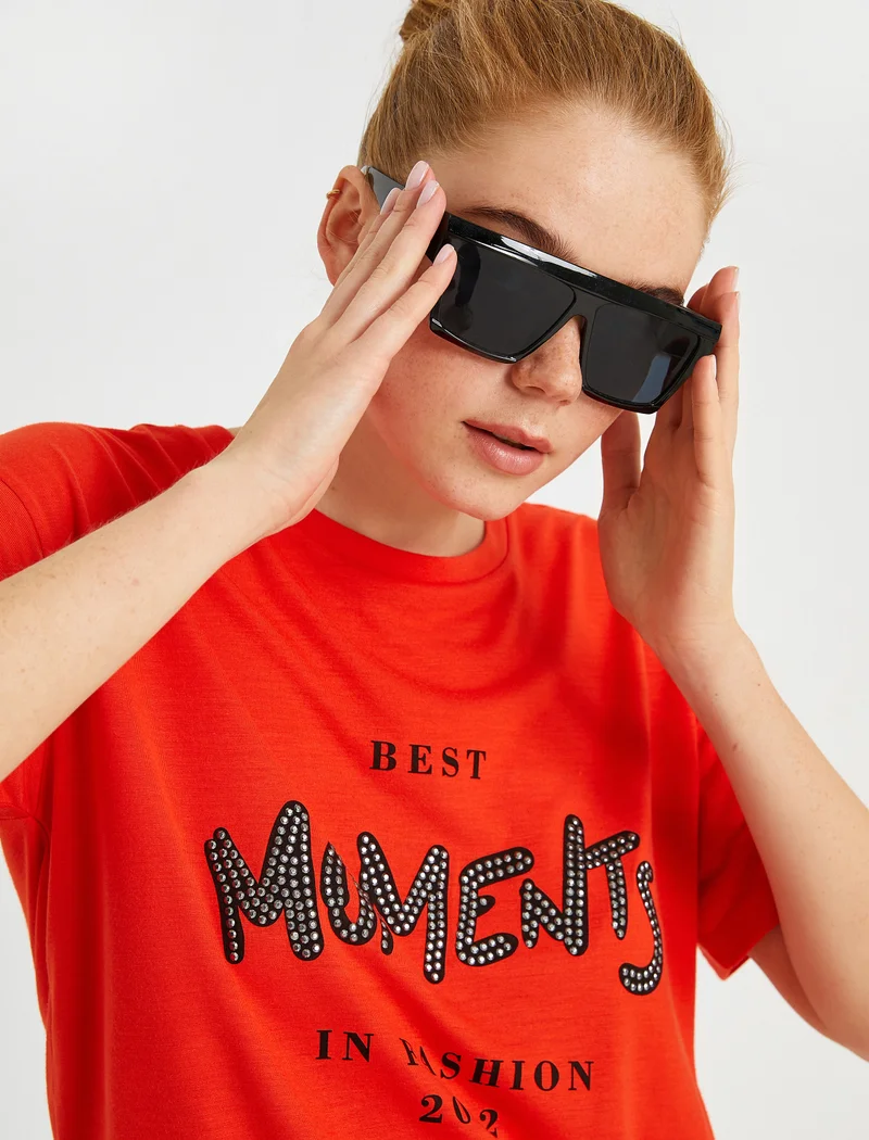 كوتون Slogan Printed T-Shirt Short Sleeve Crew Neck