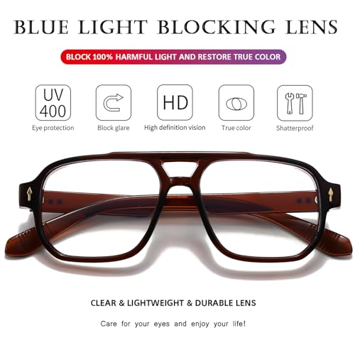 PORADAY Blue Light Blocking Glasses for Women Men 70s Retro Square Aviator Eyeglasses Rectangle Computer Eyewear(Clear Brown) - Image 4