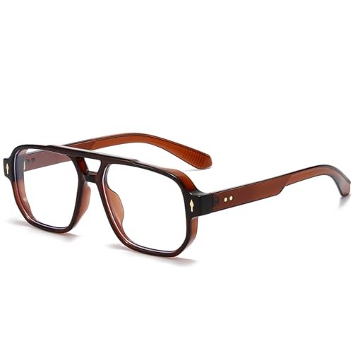PORADAY Blue Light Blocking Glasses for Women Men 70s Retro Square Aviator Eyeglasses Rectangle Computer Eyewear(Clear Brown) - Image 1