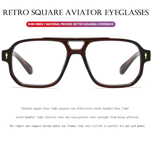 PORADAY Blue Light Blocking Glasses for Women Men 70s Retro Square Aviator Eyeglasses Rectangle Computer Eyewear(Clear Brown) - Image 5